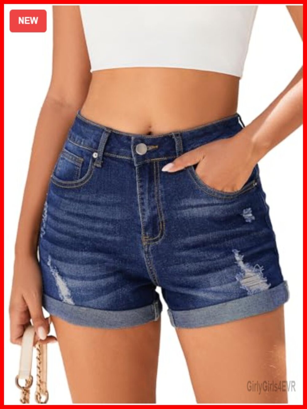 Stretchy Ripped Denim Shorts Mid-High Rise Folded Hem Casual Summer